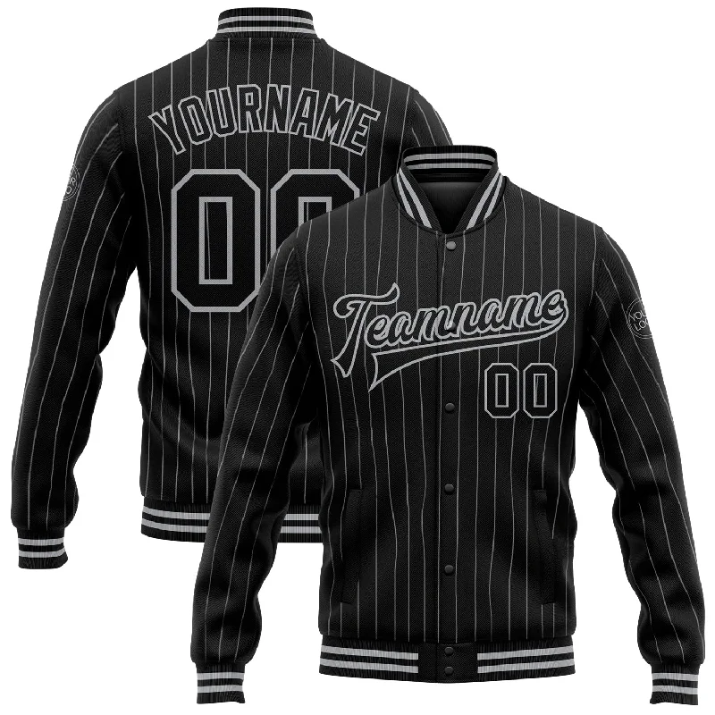 Casual Quilted Jacket for Fall Fashion Looks-Custom Black Gray Pinstripe Gray Bomber Full-Snap Varsity Letterman Jacket