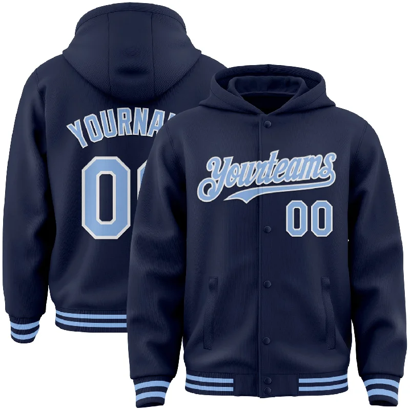 Warm Hoodie for Snowy Days-Custom Navy Light Blue-White Bomber Full-Snap Varsity Letterman Hoodie Jacket