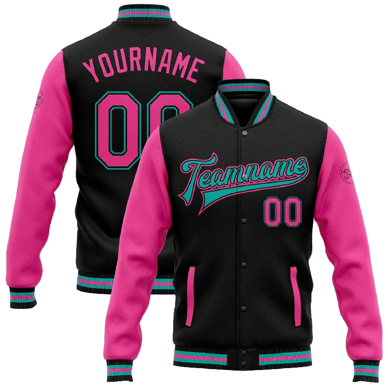 Minimalist Leather Jacket for Simple Chic-Custom Black Pink-Aqua Bomber Full-Snap Varsity Letterman Two Tone Jacket