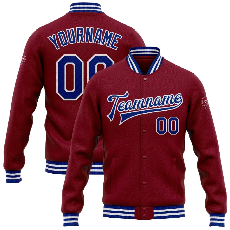 Trendy Hooded Puffer Jacket for Winter Fashion-Custom Crimson Royal-White Bomber Full-Snap Varsity Letterman Jacket