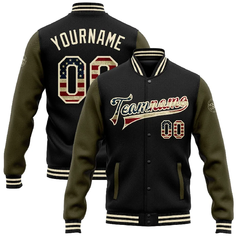 Modern Utility Jacket for Work and Play-Custom Black Vintage USA Flag Cream-Olive Bomber Full-Snap Varsity Letterman Two Tone Jacket