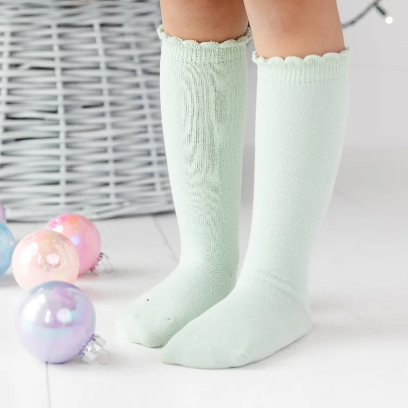 Soft Merino Wool Socks for Winter Hiking-Mint Scalloped Knee High Socks