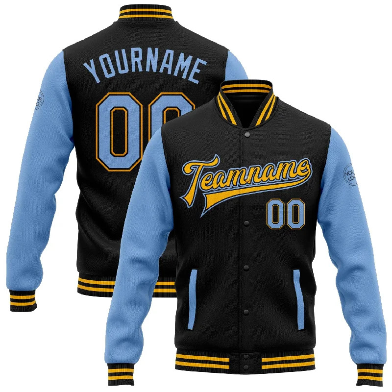 Stylish Moto Jacket for Edgy Looks-Custom Black Light Blue-Gold Bomber Full-Snap Varsity Letterman Two Tone Jacket