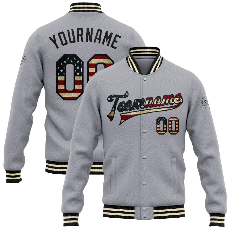 Insulated Hooded Jacket for Chilly Weather-Custom Gray Vintage USA Flag Black-Cream Bomber Full-Snap Varsity Letterman Jacket