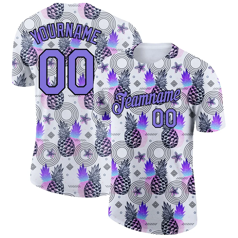 Classic Henley T-Shirt for Casual Wear-Custom White Purple-Black 3D Pattern Design Summer Holiday Pineapple Performance T-Shirt