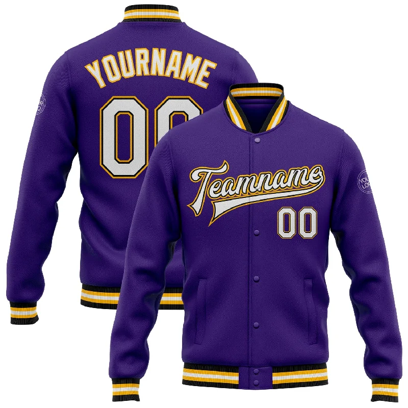 Slim Fit Puffer Jacket for Stylish Winter Wear-Custom Purple White Black-Gold Bomber Full-Snap Varsity Letterman Jacket