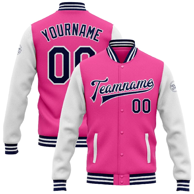 Trendy Wool Blend Jacket for Cold Weather-Custom Pink Navy-White Bomber Full-Snap Varsity Letterman Two Tone Jacket