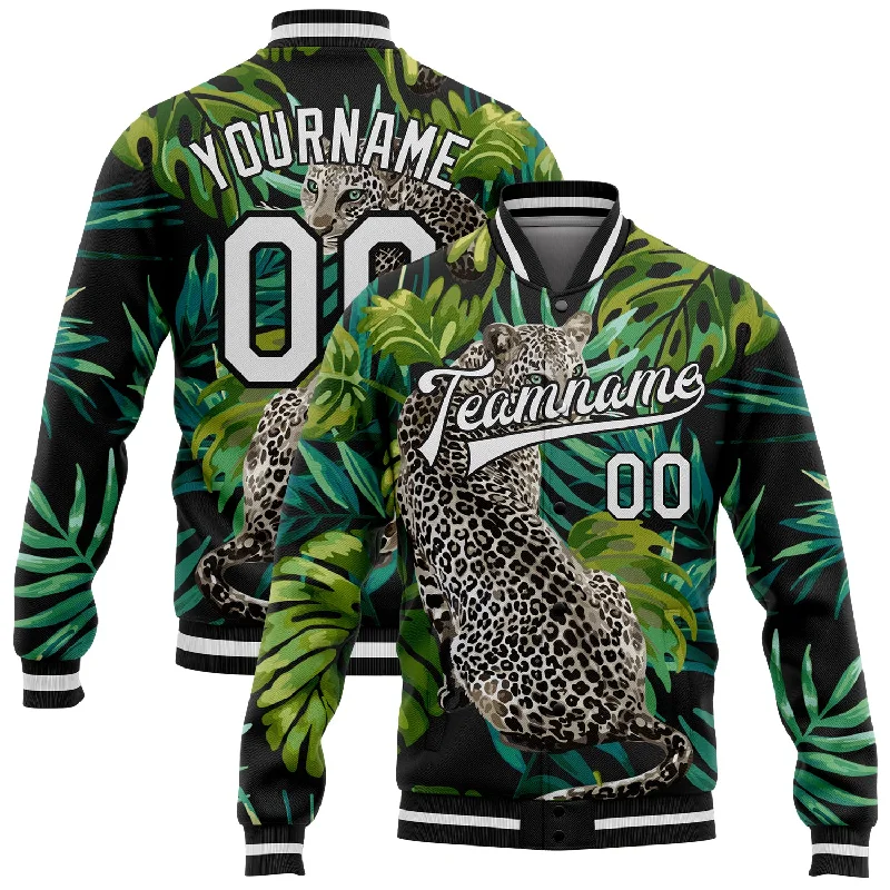 Trendy Plaid Jacket for Cozy Fall Style-Custom Black White Leopard And Tropical Palm Plants 3D Bomber Full-Snap Varsity Letterman Jacket