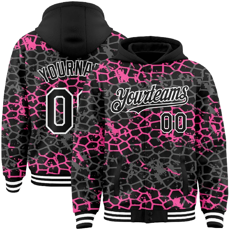 Cozy Hoodie for Relaxing at Home-Custom Black Pink-White Abstract Network 3D Pattern Design Bomber Full-Snap Varsity Letterman Hoodie Jacket