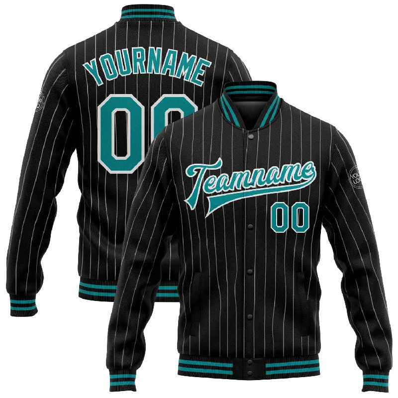 Stylish Quilted Coat Jacket for Fall Fashion-Custom Black White Pinstripe Teal Bomber Full-Snap Varsity Letterman Jacket