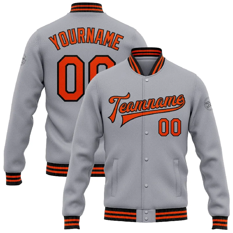 Trendy Shearling Jacket for Cold Winter Days-Custom Gray Orange-Black Bomber Full-Snap Varsity Letterman Jacket