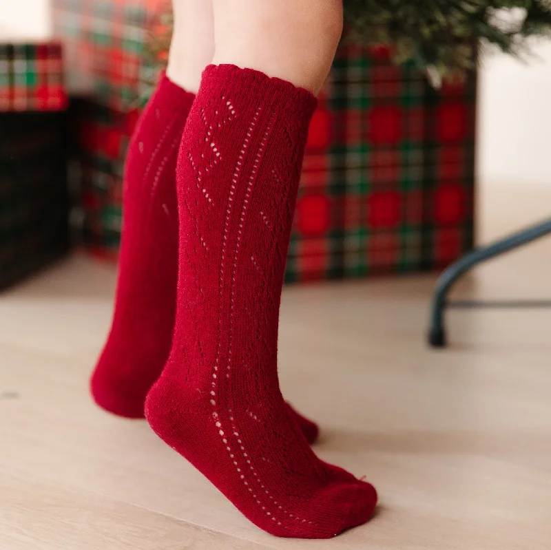 Comfortable Cushioned Socks for Working Long Hours-Scalloped Fancy Knee High Socks - Crimson