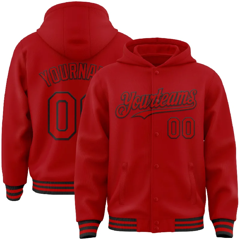 Comfortable Hoodie for Casual Evenings-Custom Red Black Bomber Full-Snap Varsity Letterman Hoodie Jacket