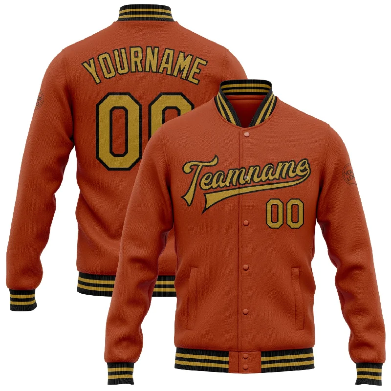 Sporty Track Jacket for Active Living-Custom Texas Orange Old Gold-Black Bomber Full-Snap Varsity Letterman Jacket