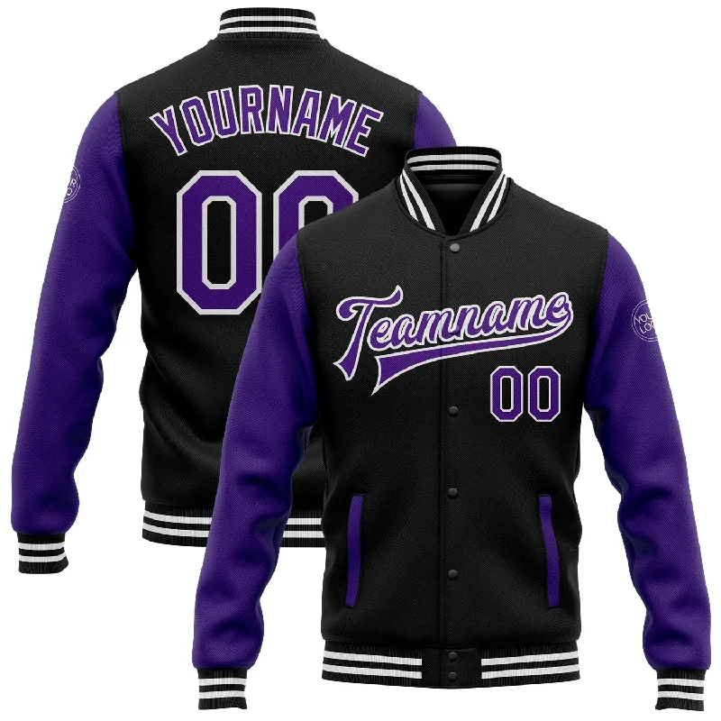 Trendy Zip-Up Jacket for Casual Styling-Custom Black Purple-White Bomber Full-Snap Varsity Letterman Two Tone Jacket