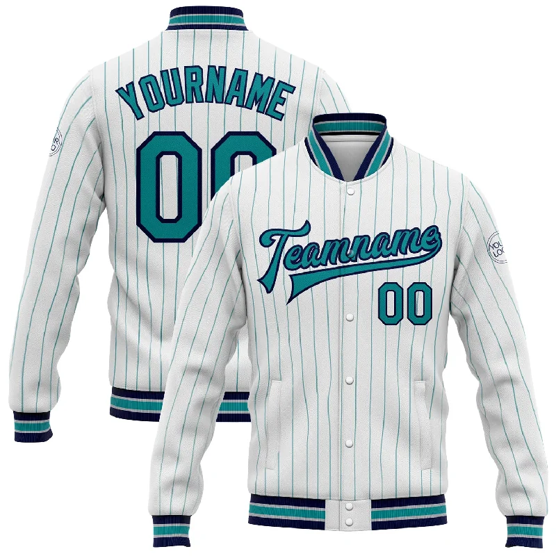 Windproof Sports Jacket for Running-Custom White Teal Pinstripe Navy Bomber Full-Snap Varsity Letterman Jacket