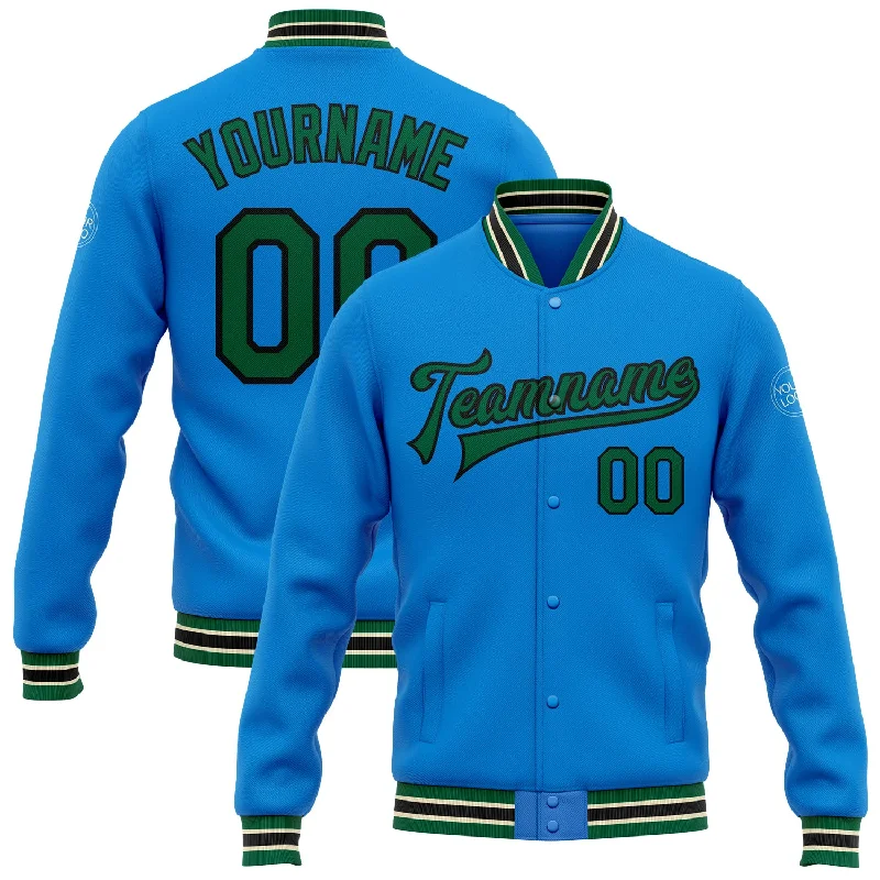 Trendy Wool Blend Jacket for Cold Weather-Custom Powder Blue Kelly Green Black-Cream Bomber Full-Snap Varsity Letterman Jacket