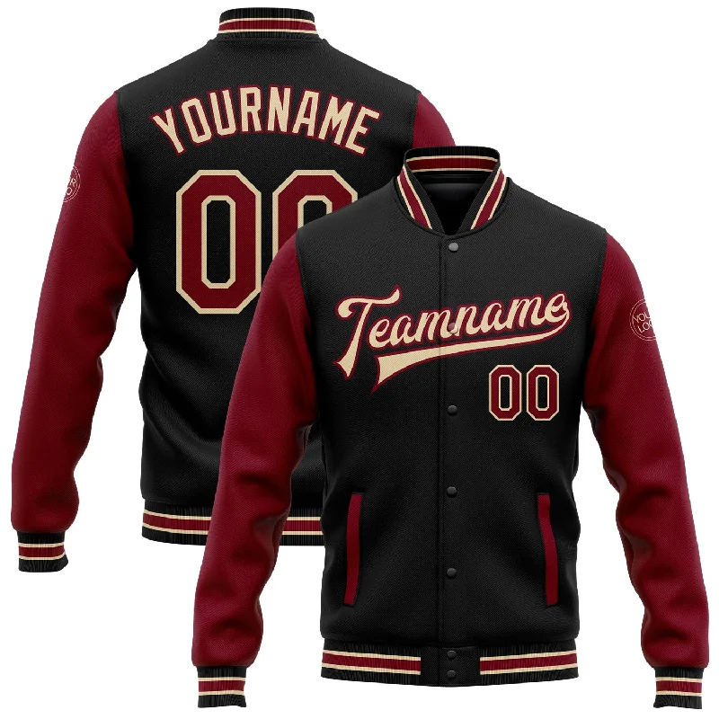 Lightweight Outdoor Jacket for Hiking Adventures-Custom Black Crimson-City Cream Bomber Full-Snap Varsity Letterman Two Tone Jacket