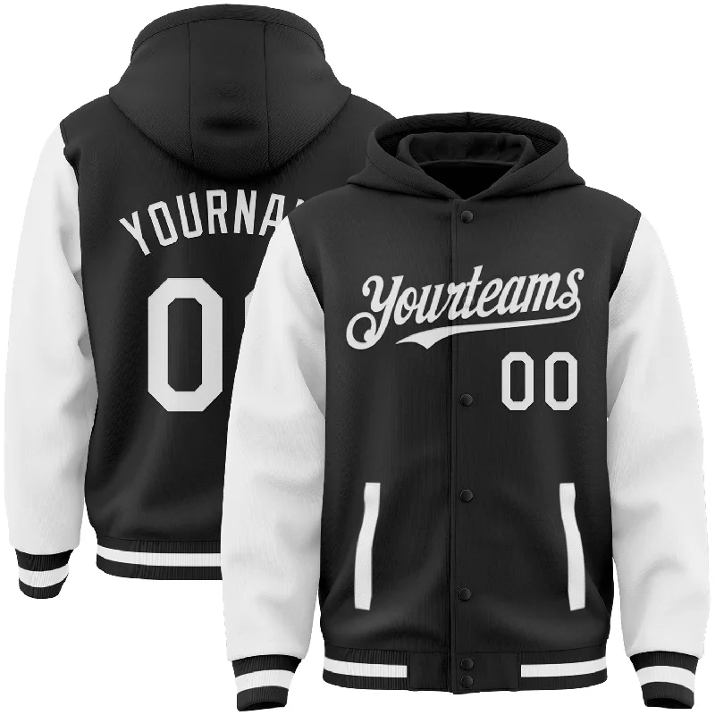 Trendy Graphic Hoodie for Casual Looks-Custom Black White Bomber Full-Snap Varsity Letterman Two Tone Hoodie Jacket