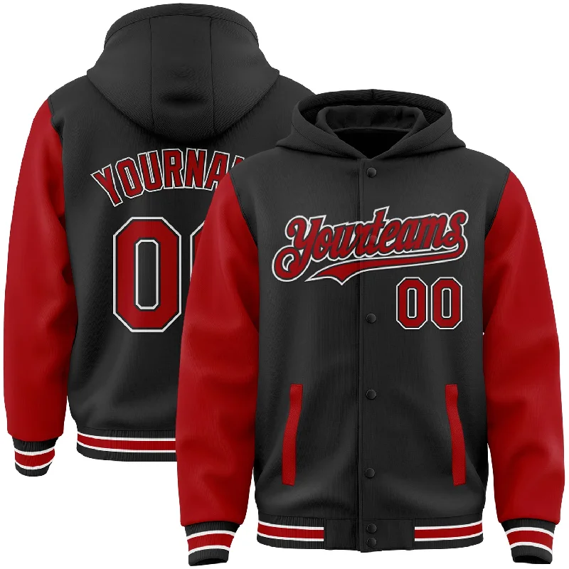 Lightweight Hoodie for Breezy Days-Custom Black Red-White Bomber Full-Snap Varsity Letterman Two Tone Hoodie Jacket