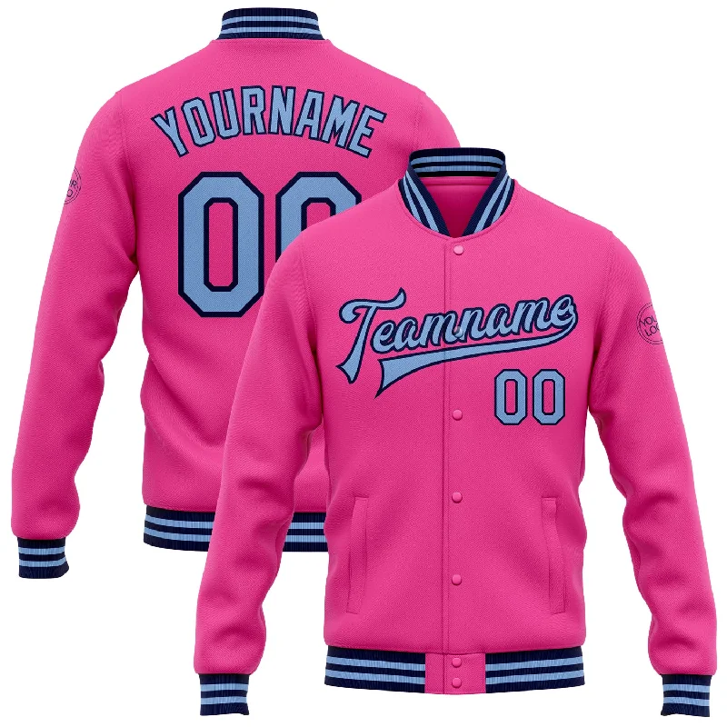 Classic Double-Breasted Trench Coat Jacket-Custom Pink Light Blue-Navy Bomber Full-Snap Varsity Letterman Jacket