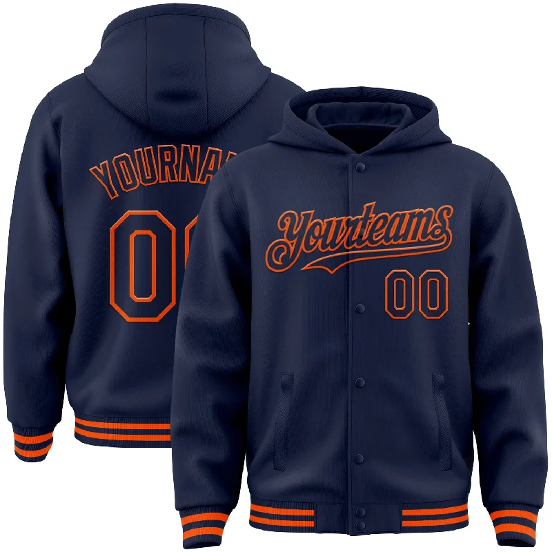 Athletic Hoodie for Active Lifestyles-Custom Navy Orange Bomber Full-Snap Varsity Letterman Hoodie Jacket