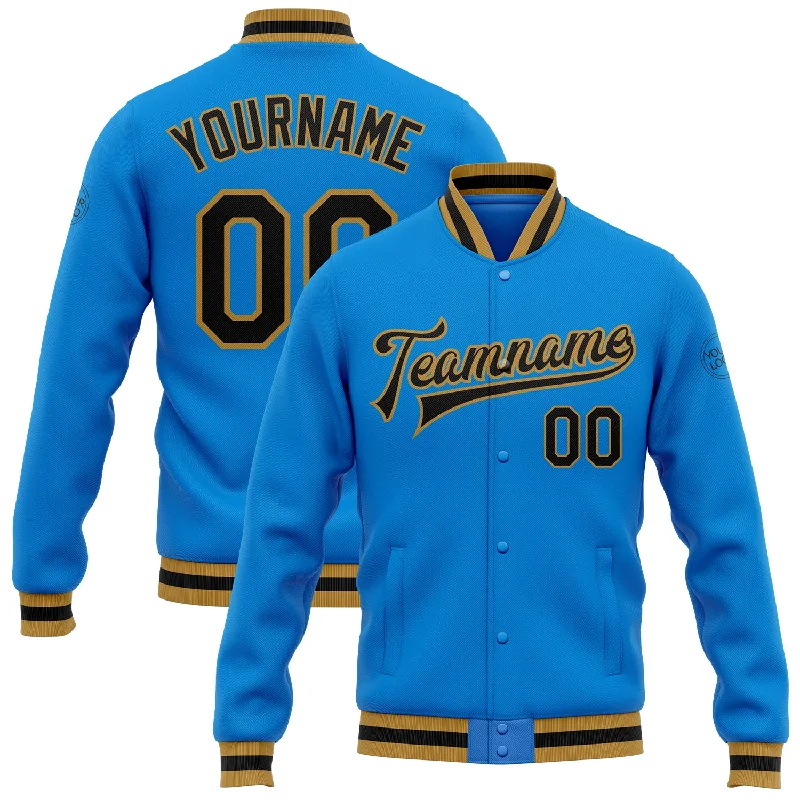 Classic Double-Breasted Trench Coat Jacket-Custom Powder Blue Black-Old Gold Bomber Full-Snap Varsity Letterman Jacket