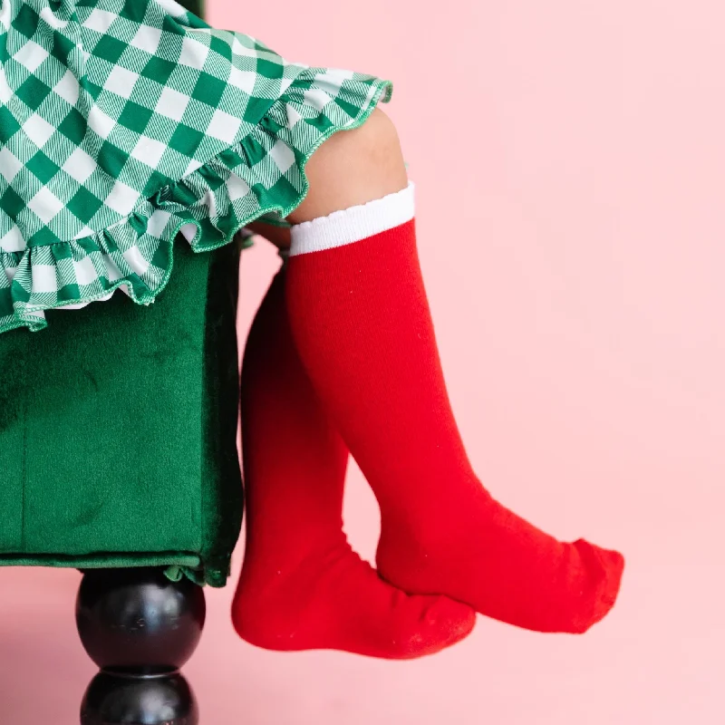 Premium Wool Socks for Softness and Warmth-Red/White Scalloped Knee High Socks