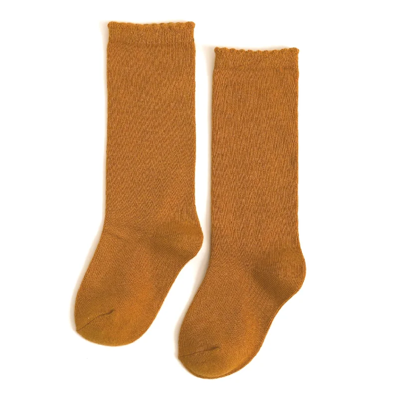 Soft Microfiber Socks for Sensitive Skin Protection-Scalloped Knee High Socks - Mustard