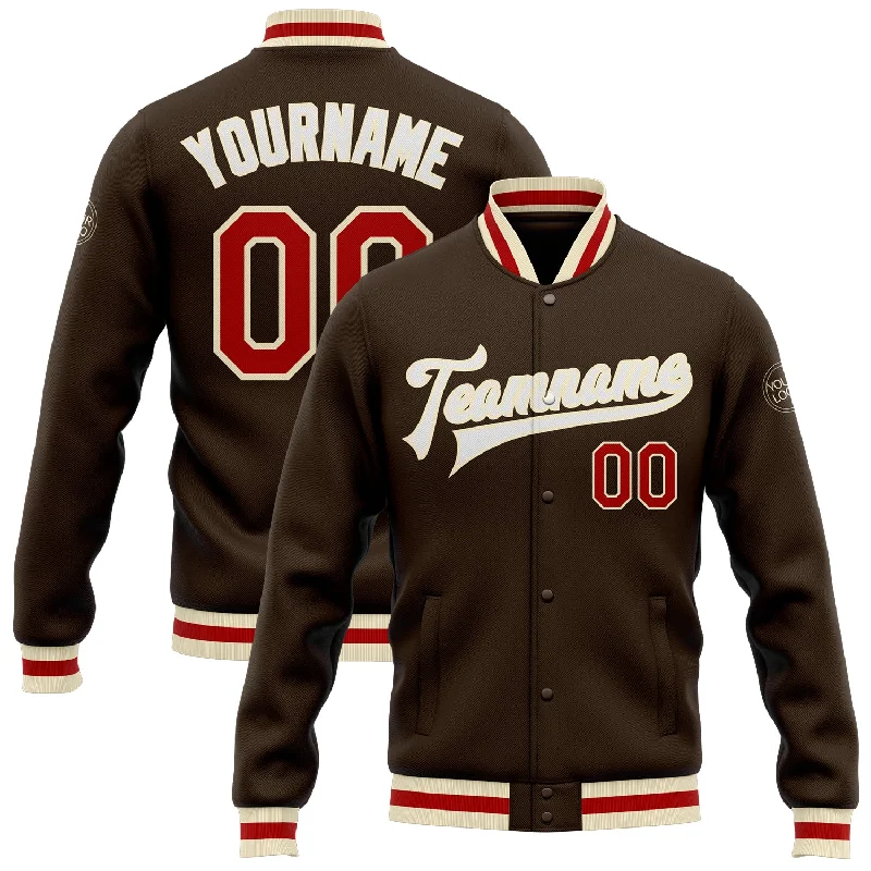 Long Sleeve Zip-Up Jacket for Easy Layering-Custom Brown Red-Cream Bomber Full-Snap Varsity Letterman Jacket