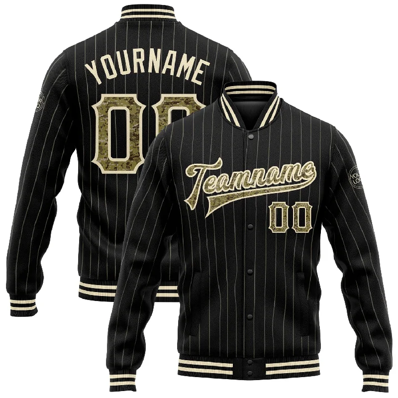 Fashionable Outdoor Jacket for Adventure Lovers-Custom Black Cream Pinstripe Camo Bomber Full-Snap Varsity Letterman Jacket