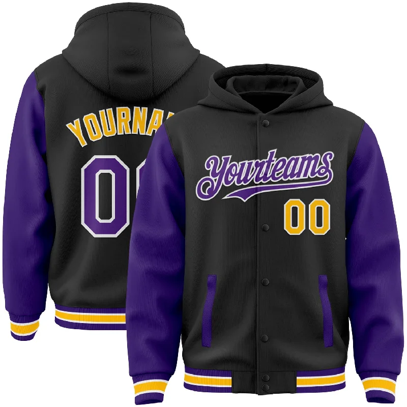 Soft Hoodie for Post-Workout Relaxation-Custom Black Purple-Gold Bomber Full-Snap Varsity Letterman Two Tone Hoodie Jacket