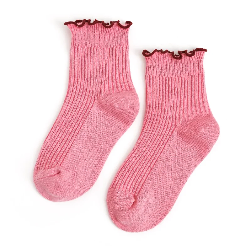 Trendy Color-Block Socks for Modern Looks-Ribbed Lettuce Trim Midi Socks - Pink/Burgundy