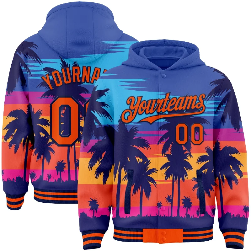 Stylish Hoodie with Printed Designs-Custom Royal Orange-Navy Tropical Hawaii Palm Trees 3D Bomber Full-Snap Varsity Letterman Hoodie Jacket