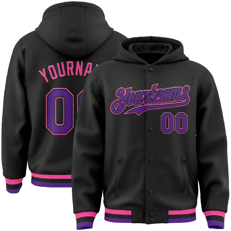 Fashionable Hoodie for Going Out-Custom Black Purple-Pink Bomber Full-Snap Varsity Letterman Hoodie Jacket