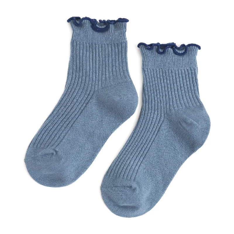 Designer Patterned Socks for Fashion Statements-Ribbed Lettuce Trim Midi Socks - Denim/Navy