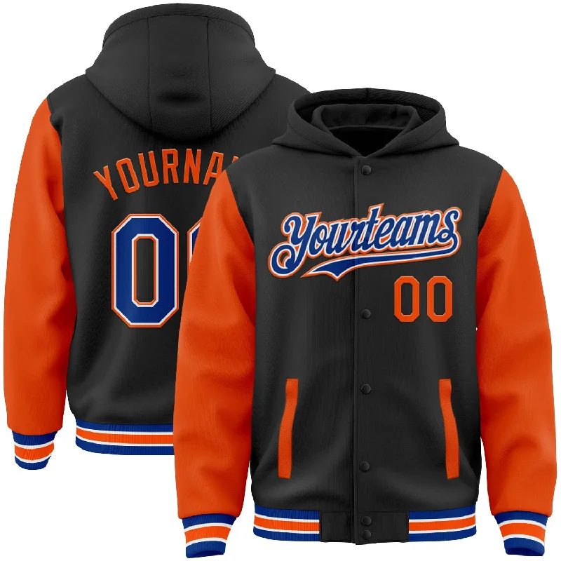 Performance Hoodie for Sports and Workouts-Custom Black Royal-Orange Bomber Full-Snap Varsity Letterman Two Tone Hoodie Jacket