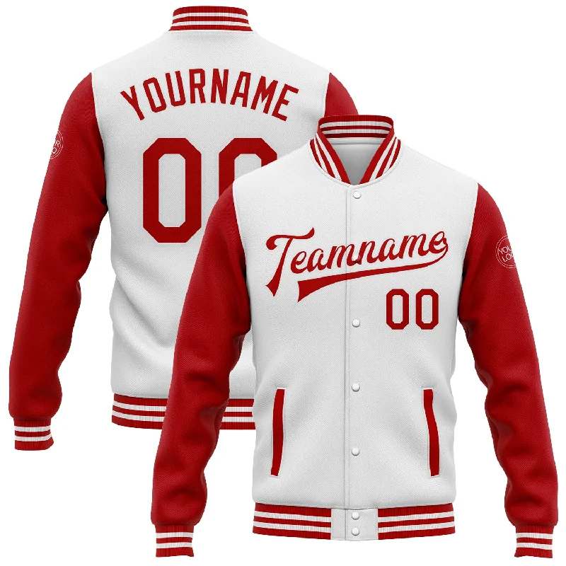 Relaxed Fit Denim Jacket for Casual Looks-Custom White Red Bomber Full-Snap Varsity Letterman Two Tone Jacket