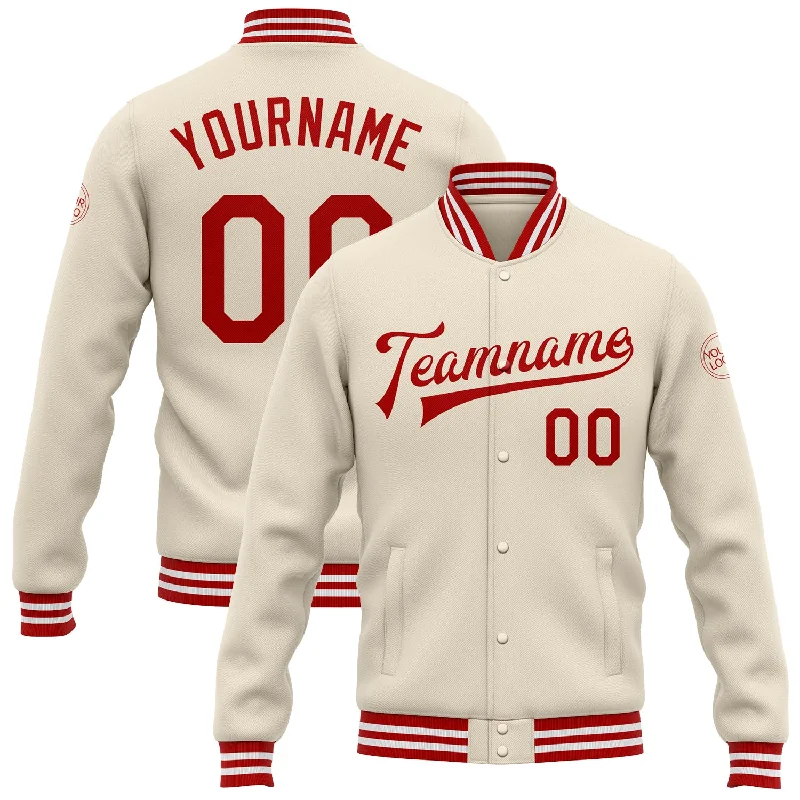 Classic Double-Breasted Trench Coat Jacket-Custom Cream Red-White Bomber Full-Snap Varsity Letterman Jacket