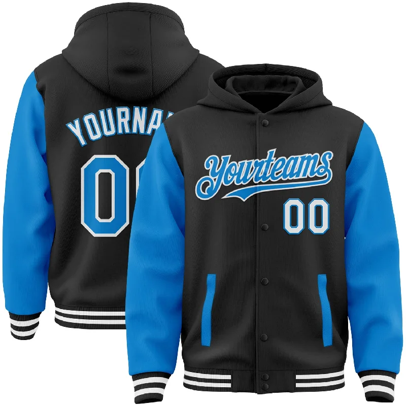 Breathable Hoodie for Hot Weather-Custom Black Powder Blue-White Bomber Full-Snap Varsity Letterman Two Tone Hoodie Jacket