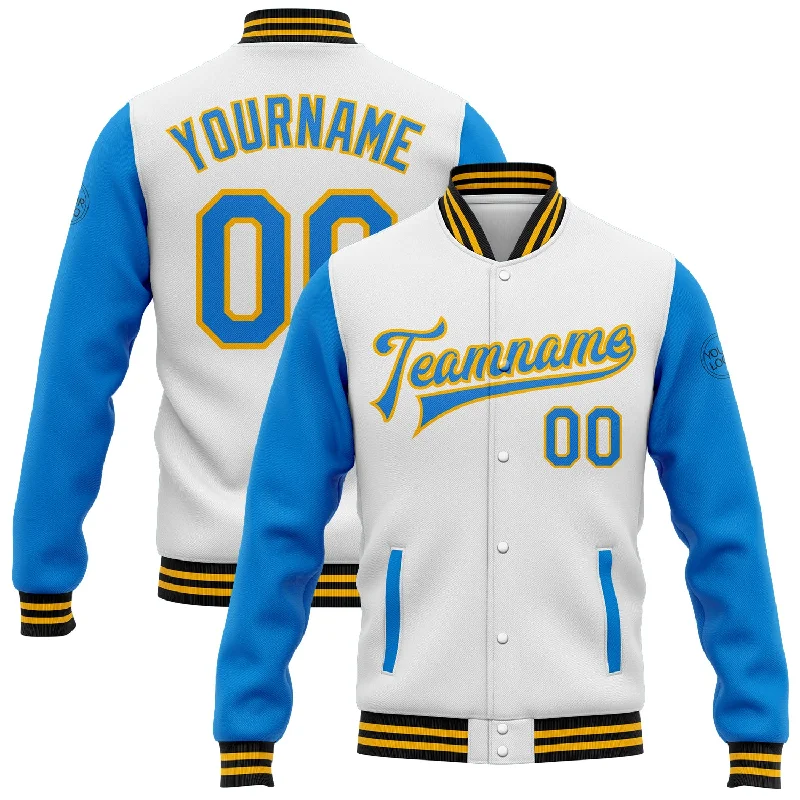 Packable Travel Jacket for On-the-Go Comfort-Custom White Powder Blue Gold-Black Bomber Full-Snap Varsity Letterman Two Tone Jacket