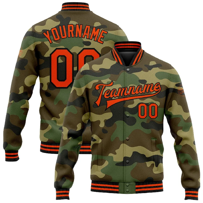 Warm Parka Jacket with Faux Fur Trim for Winter-Custom Camo Orange-Black Bomber Full-Snap Varsity Letterman Salute To Service Jacket