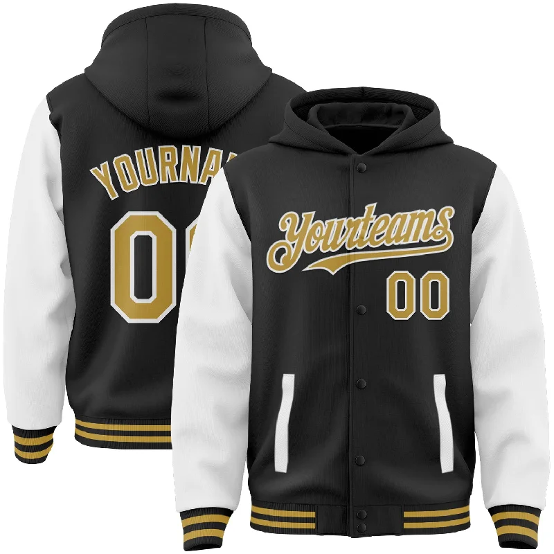 Comfortable Fleece Hoodie for Cold Weather-Custom Black Old Gold-White Bomber Full-Snap Varsity Letterman Two Tone Hoodie Jacket