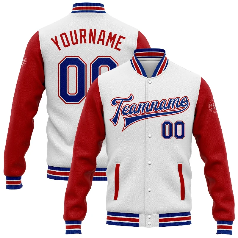 Thermal Insulated Jacket for Extreme Cold-Custom White Royal-Red Bomber Full-Snap Varsity Letterman Two Tone Jacket