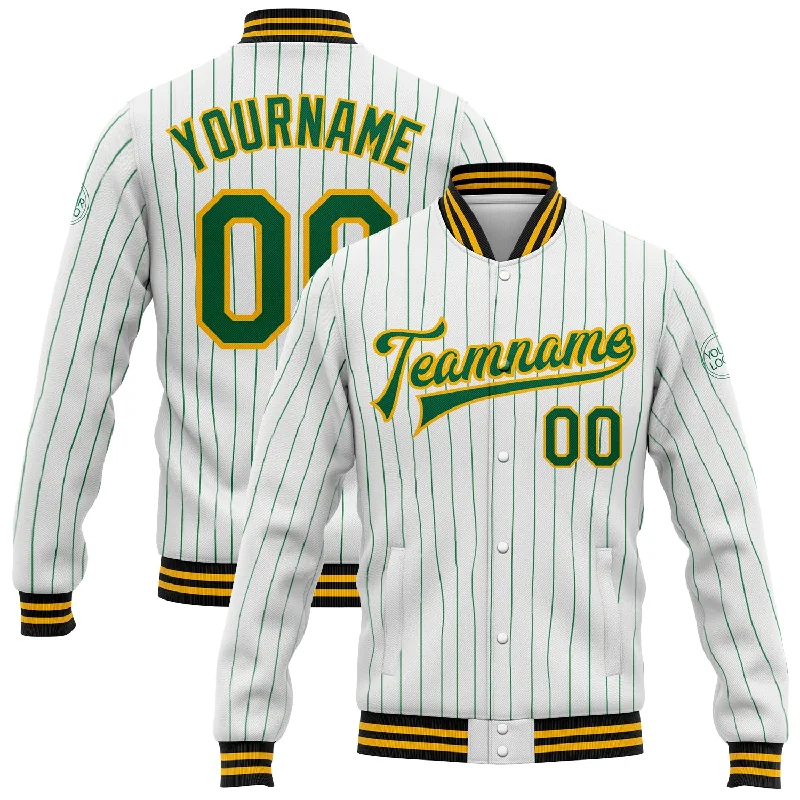 Modern Bomber Jacket for Effortless Cool-Custom White Kelly Green Pinstripe Gold-Black Bomber Full-Snap Varsity Letterman Jacket