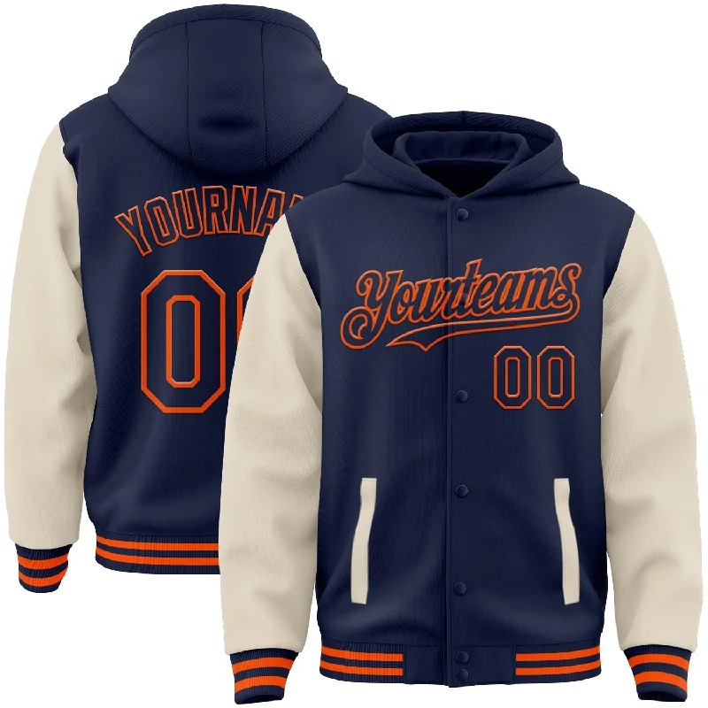 Fashionable Hoodie with Colorblock Design-Custom Navy Cream-Orange Bomber Full-Snap Varsity Letterman Two Tone Hoodie Jacket