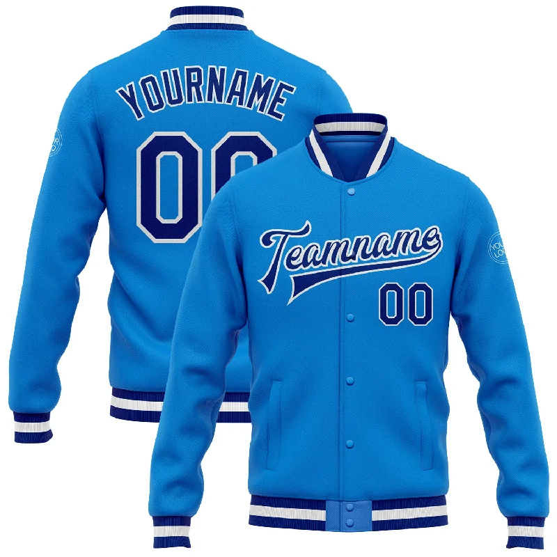 Versatile Soft Shell Jacket for Outdoor Sports-Custom Powder Blue Royal-White Bomber Full-Snap Varsity Letterman Jacket