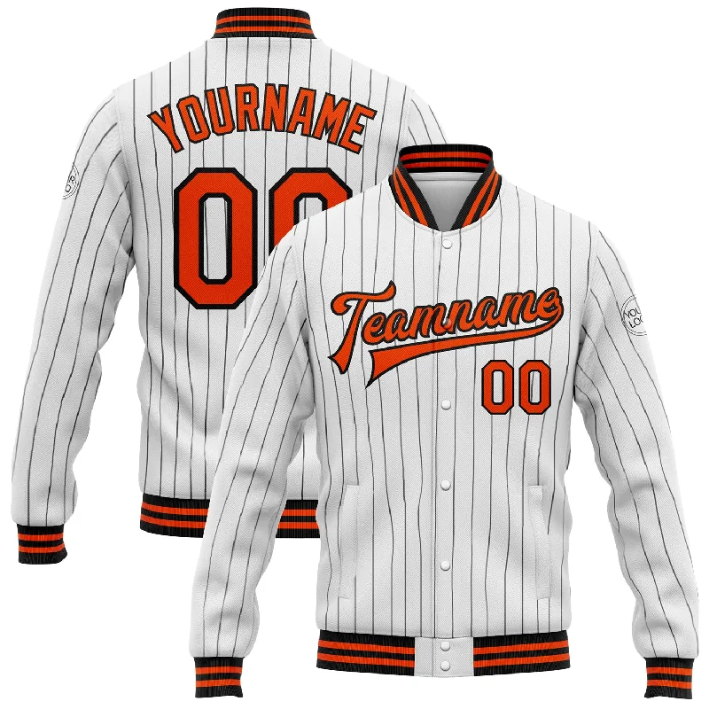 Vintage-Inspired Leather Motorcycle Jacket-Custom White Black Pinstripe Orange Bomber Full-Snap Varsity Letterman Jacket