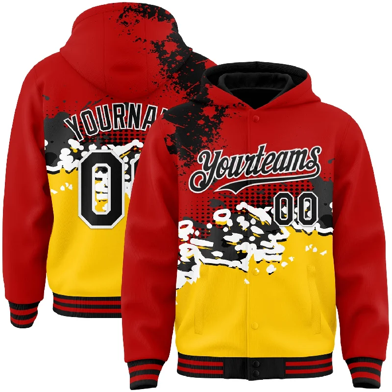 Sporty Hoodie for Outdoor Adventures-Custom Red Black-Gold Abstract Splash Grunge Art 3D Pattern Design Bomber Full-Snap Varsity Letterman Hoodie Jacket