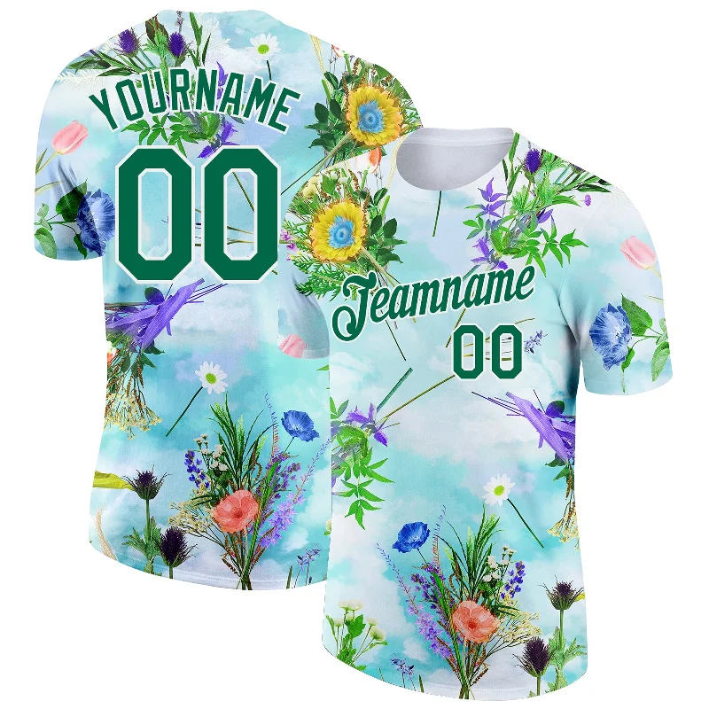 Trendy Pocket T-Shirt for Casual Fashion-Custom White Kelly Green 3D Pattern Design Flowers Performance T-Shirt